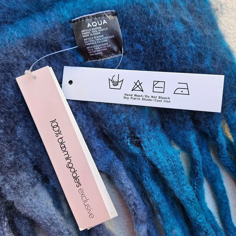 Bloomingdale's Aqua Blue Plaid Fringe Scarf